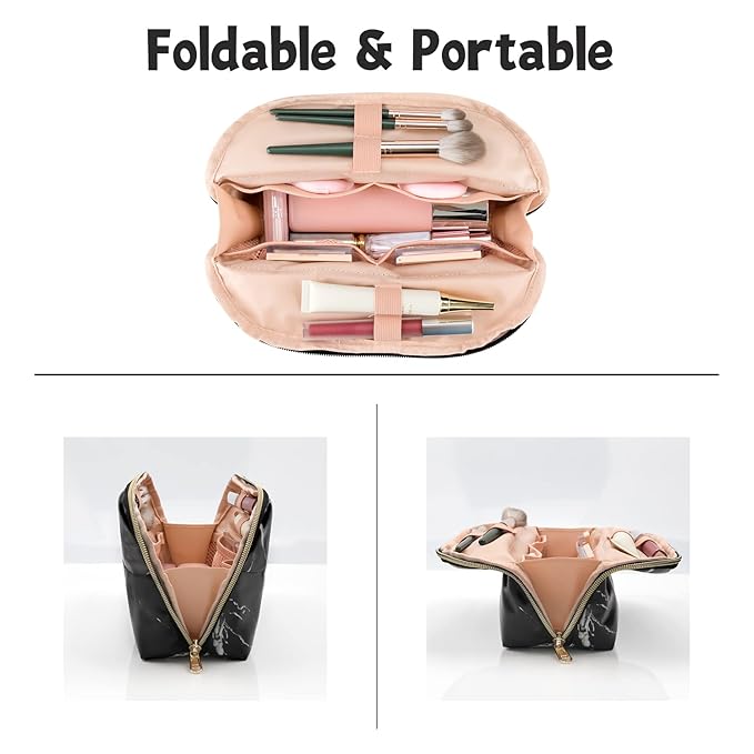 Ethereal Large Cosmetic Bag, Marble Black Travel Makeup Bag Waterproof Makeup Organizer Bag Portable Makeup Bag Purse Small Toiletry Bag for Women