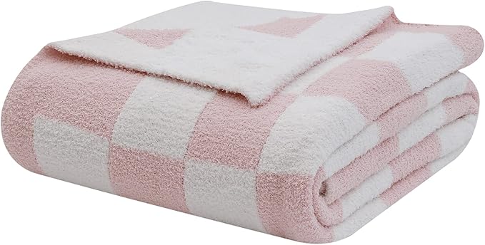 bearberry Fuzzy Checkerboard Grid Throw Blanket Knitted Soft Cozy Warm Microfiber Blanket Decor for Couch Sofa Bed Travel Home (Pink, 40''x50'')