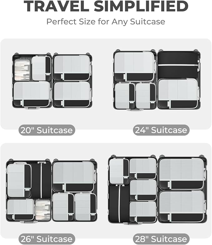 Percover Compression Packing Cubes 8-Piece Set, Packing Cubes Compression for Travel with Laundry Bag & Shoe Bag, Travel Organizer for Carry On & Checked Luggage, Black