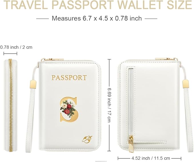 Passport Holder for Travel Personalized Passport Holder Initial Letter Rose Flower RFID Blocking Travel Wallets Credit Cards Holder for Women Men, White S