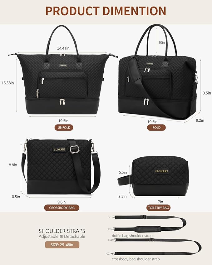 Weekender Bags for Women, Travel Duffle Bag Carry On Overnight Bag with Cosmetics Bag and Crossbody Purse for Gym Hospital, Gifts for Women, Black