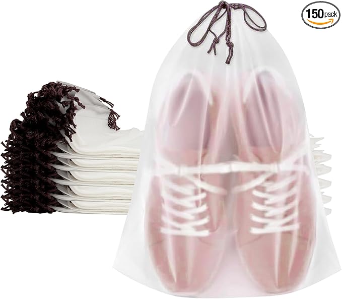 150 Pack Shoe Bags for Travel - 15.7" x 11.7" Large Clear Drawstring Bags - Waterproof Shoe Storage Dust Bags for Packing, Organization, Traveling