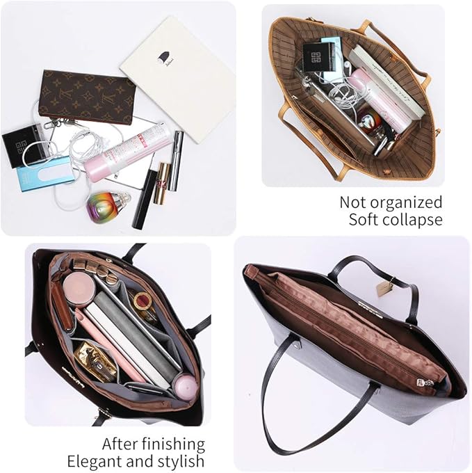 iN. Purse Organizer Insert with zipper, Nylon fabric Storage Bag with handles, for womens Handbags & Tote bags, neverfull, lightweight medium sized Brown