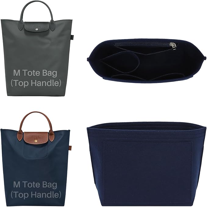 Premium Felt Purse Organizer Insert for Longchamp Le Pliage, Zipper Long Champ Bag Organizer Insert with Cup Holder, 8 Compartments