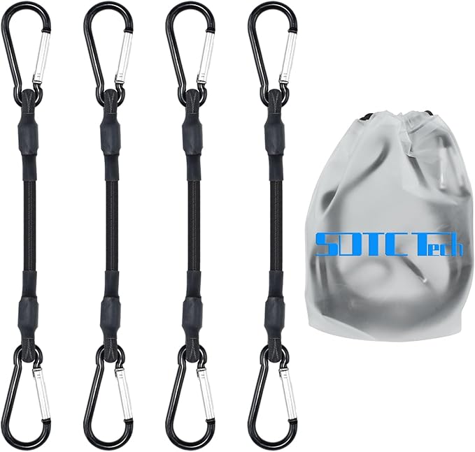 SDTC Tech 8IN Mini Short Bungee Cords with Carabiner Hooks Heavy Duty Elastic Tie Downs Straps for Tent, Bike, Kayak, Luggage (4-Pack)