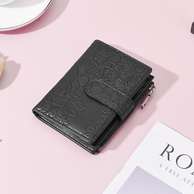 GAEKEAO Womens Wallet Small Vegan Leather RFID Blocking Bifold Zipper Pocket Wallet Card Case Purse with ID Window