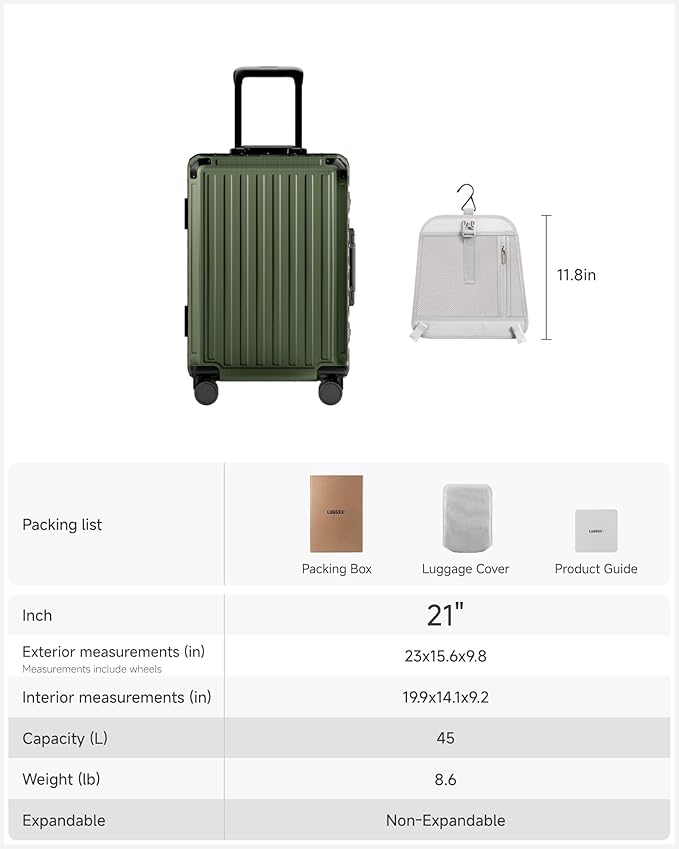 LUGGEX Carry On Luggage with Spinner Wheels, 8010S Aluminum Frame Zipperless Polycarbonate Hard Shell Suitcase (ZX-Core, Green, 21 Inch)