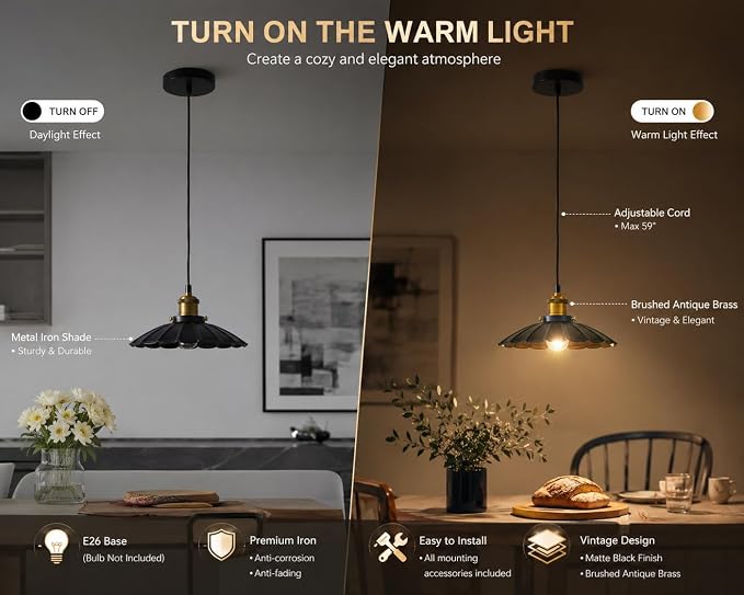 2Pack Black Pendant Light, 9.8 Inch Retro Hanging Lamp for Bedroom, Glossy Hanging Kitchen Lights Living Room 6.5Ft Height Adjustable Indoor Pleated Pendant Light