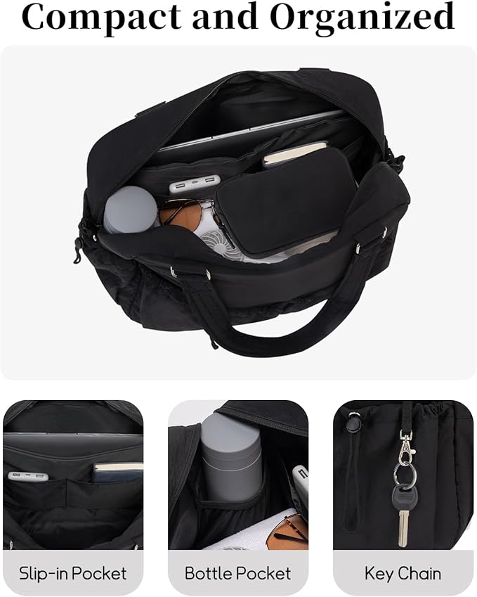 Carry On Duffle Bag with 15.6 Inch Laptop Compartment, Gym Bag for Women with Wet Pocket, Shoe Bag and Toiletry Pouch, Personal Item Travel Duffel Weekender Overnight Bags, Black