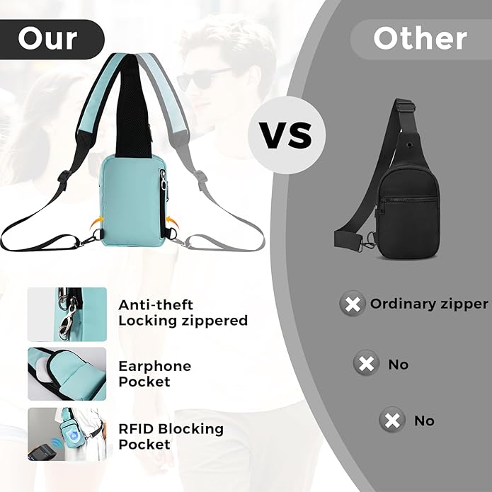 VADOO Sling Bag, Crossbody Bag with Zipper Lock, RFID Blocking & Water Resistant for Men and Women