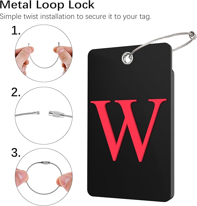 Gostwo 2 Pack Luggage Tags for Suitcases, 26 Initial Letter Travel Luggage Baggage Identification Labels ID Tag Fully Bendable Tags with Stainless Steel Loop (Black) (Letter W)