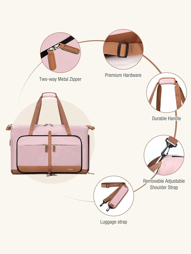 Lekesky Foldable Travel Duffle Bag for Women, Large Duffel Bag with Separate Shoes Compartments & Straps, Carry On Weekend Bag for Women, Hospital, Overnight (Pink, 30L)