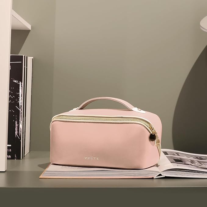 Prite Makeup Bag for Women Travel Waterproof Vegan Leather Cosmetic Bag Open Flat Toiletry Bag With Clear Divider and Handle (Large Pink Pro)