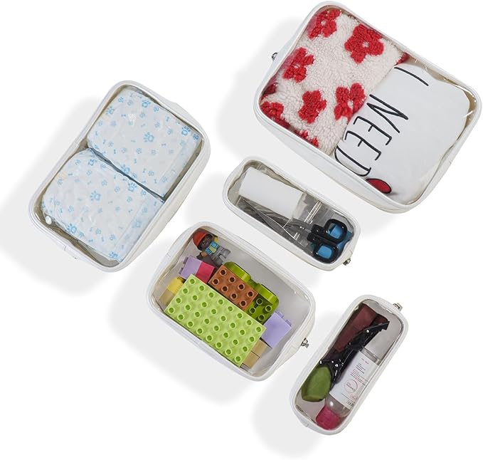 TSA Approved 5-Piece Diaper Bag Organizer Pouch Set Clear Waterproof TPU Kids Toiletry Storage Set Travel Packing Clutch Cube Bags for Baby Nursing(Pearl White Leather)