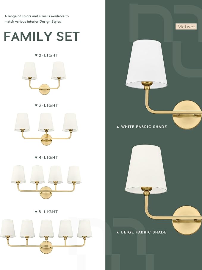 5-Light Brushed Gold Bathroom Vanity Light, Beige Fabric Shades | Ideal for 40-52" mirrors, 35" bathroom light fixtures over mirror, upward only, E26 base, bulbs not included, VL837-BG-B-5
