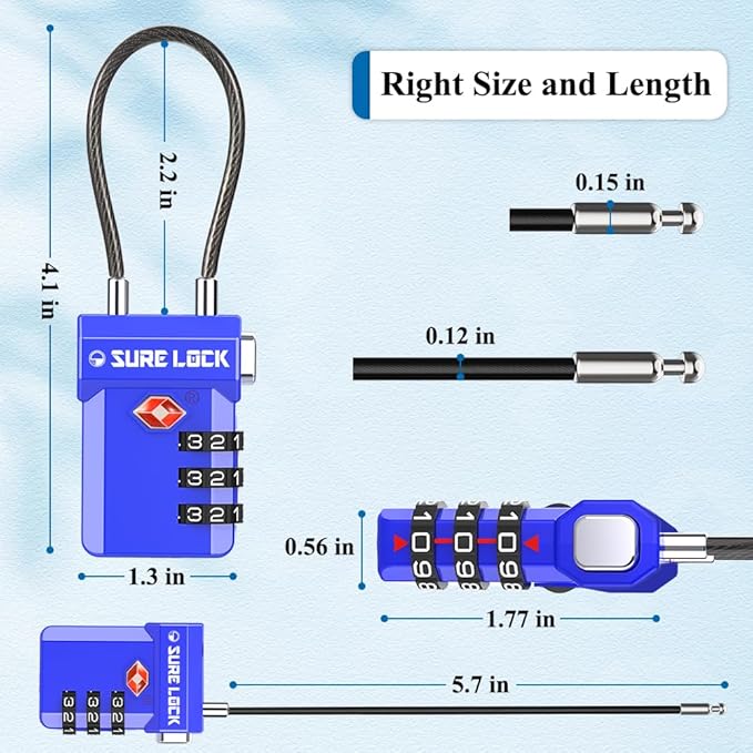 SURE LOCK TSA Approved Luggage Locks – 3-Digit Combination Cable Lock with Red Indicator, Large Dial & Easy-Press Button for Suitcases and Backpacks – Multi-Pack & Color Options