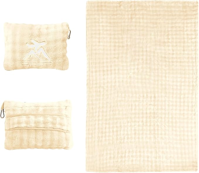 Travel Blanket and Pillow-2-in-1, Ultra-Soft&Compact, Airplane Blanket with Hand Luggage Belt and Backpack Clip,Travelers Accessories Gifts, 61x43 Inches（White）