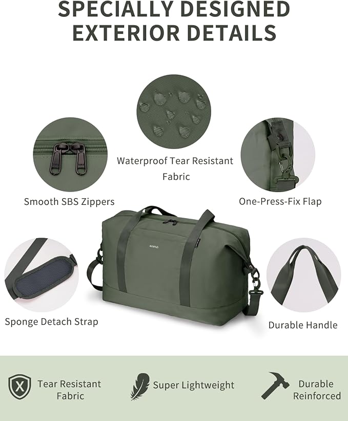 ECOHUB Travel Duffel Bag Water Resistant Weekender Bag Carry On Bags for Women Sport Gym Bags for Men Hospital Bag for Labor and Delivery Overnight Bag Luggage Bag with Trolley Sleeve 30L Army Green