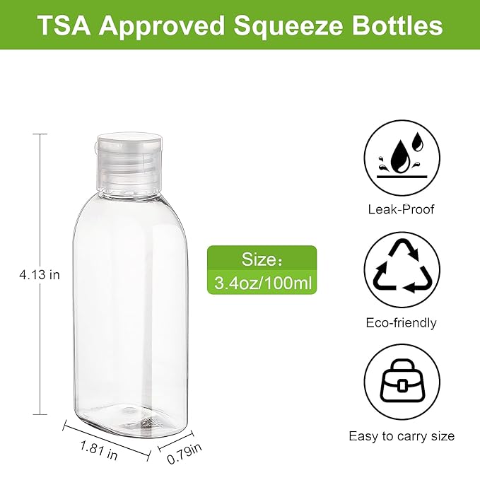 Travel Bottles for Toiletries 6 Pack 3.4oz/100ml TSA Approved Shampoo and Conditioner Bottles Leak-proof Squeezable Travel Size Containers Refillable Empty Plastic Squeeze Bottle (Clear)