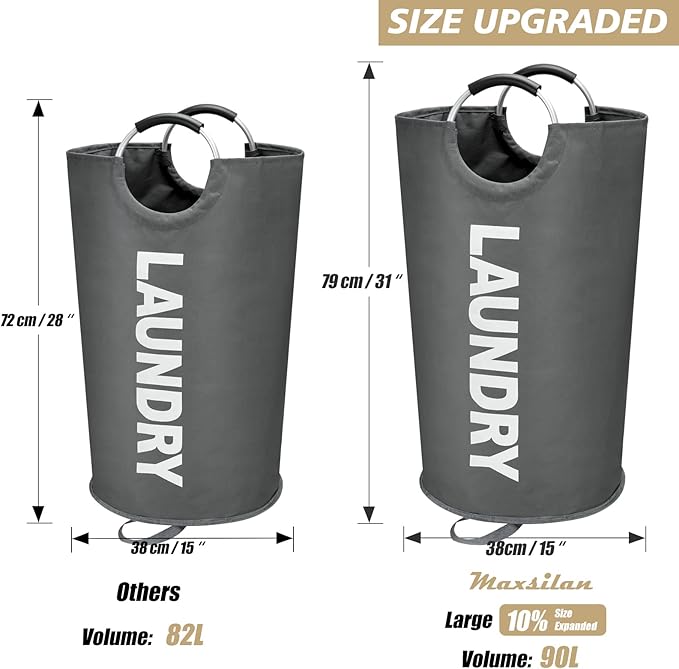 90L Large Laundry Basket, Freestanding Tall Clothes Hamper, Collapsible Laundry Bag, Dark Grey