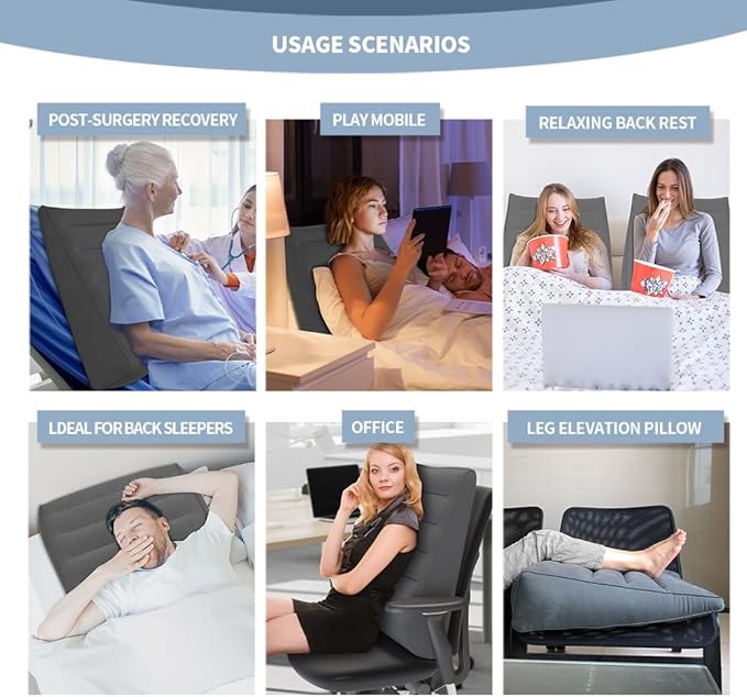 Inflatable Wedge Pillow for Travel and Home, Portable Bed Wedge for Back Support and Leg Elevation, Lightweight Triangle Pillow for Sleeping, Reading, and Camping, 22.4x22.83x7.48 Inches, Gray