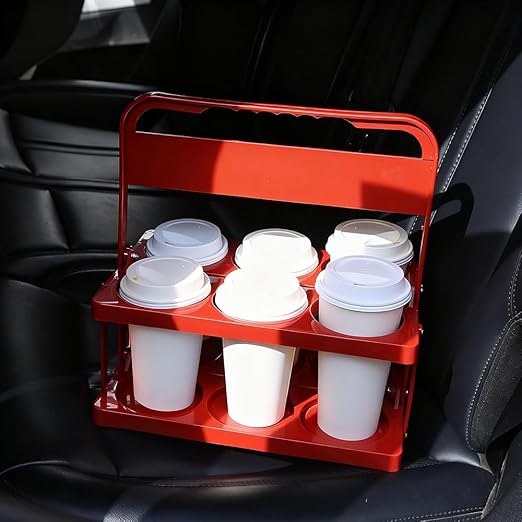 Bodaon 6 Cup Drink Carrier with Handle, Plastic Cup Carriers for Drinks, Drink Holder for Car, Take Out Delivery Drivers, Accessories, Portable Foldable Reusable Mobile, Use for Food Delivery Bag, Red