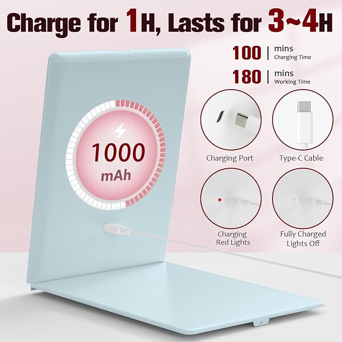 Travel Makeup Mirror with Lights Valentines Day Gifts for Her, Girlfriend, Wife, Birthday Gifts Rechargeable Portable Folding Compact LED Mirror Set with Tweezer 3 Color Light Modes-Cyan
