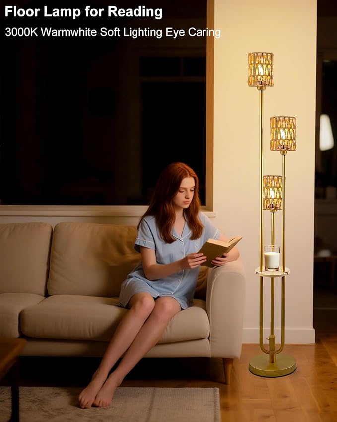Lightdot Dimmable Boho Floor Lamps with Table 3-Lights Farmhouse Floor Lamp 3000K Warmwhite Bulbs Included Rustic Gold Standing Lamp with 5Lbs Heavy Base for Living Room/Sofa Beside/Corner Decor