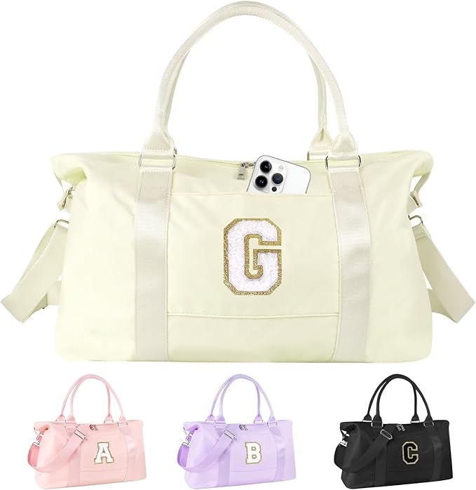 Dance Gym Duffel Bag for Teen Girls, Personalized Initial Travel Weekender Bag,Cute Overnight Carry On Duffle for Women,Sports Travel Cheer Bag,Monogram Christmas Gifts for Tween Preppy(beige-G)