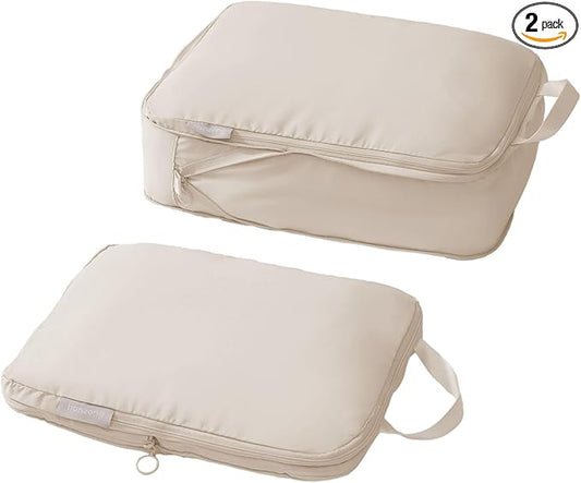 tianzong Compression Packing Cubes for Suitcases, Luggage Organizer Bags Set for Travel (Beige, 2 Pack Medium)