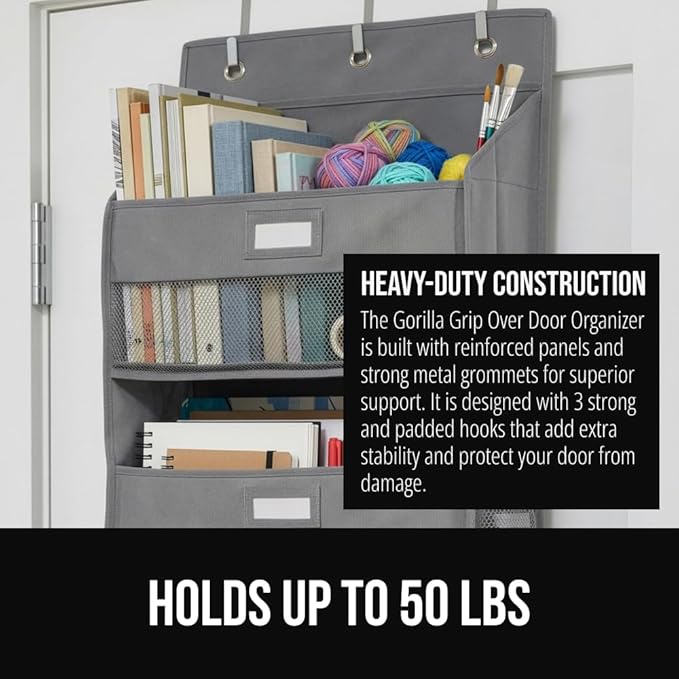 GORILLA GRIP Over The Door Organizer Storage, 5 Deep Hanging Shelves, Holds 50lbs, Closet Organizers Shelf for Bedroom, Shoes, Bathroom, Nursery, Dorm Essentials, 3 Metal Hooks, 58x15 Inches, Gray