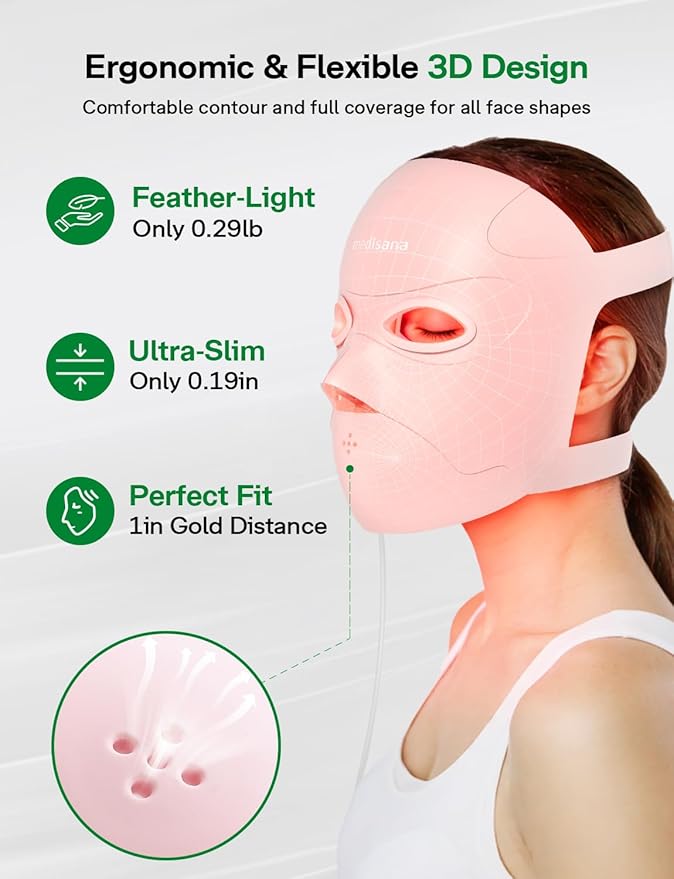 Medisana 3D Red Light Therapy Mask for Face, 336 LEDs Light Therapy Mask with 3 Modes - NIR 830nm, Red 630nm, Blue 415nm - Cordless & Rechargeable LED Face Mask for Home, Skincare Gifts for Women Mom