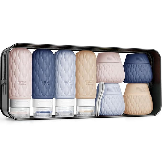 Silicone Travel Bottles for Toiletries 8 Pack Travel Size Toiletries 3.4 oz 1.7 oz, Leakproof Squeeze Travel Size Containers Refillable Cosmetic Jars Set for Shampoo, Conditioner, Creams