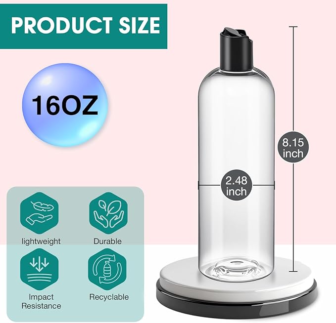3Pcs 16 oz Clear Plastic Refillable Travel Shampoo and Conditioner Bottles with Black Disc Top Caps，Squeeze Empty Bottles Cosmetic Containers for Lotions, Body Soap Cream