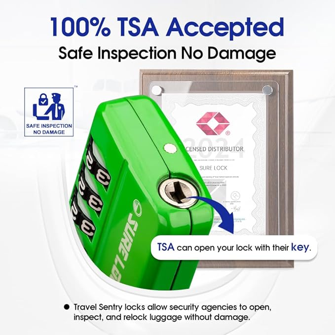 SURE LOCK TSA Approved 4-Digit Resettable Combination Luggage Locks with Open Alert, Easy-Read Dials - for Luggage, School Lockers, Gym, Office, Toolbox & Security Cases(Green 2 Pack)