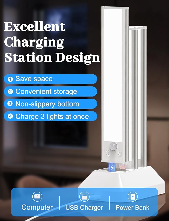 VerRon 6-Pack Under Cabinet Lighting with Charging Station, 12inch | 2000mAh Rechargeable, 3 Color Temps, Dimmable, Magnetic Mount, Wireless Motion Sensor Lights for Kitchen, Closet, Stair