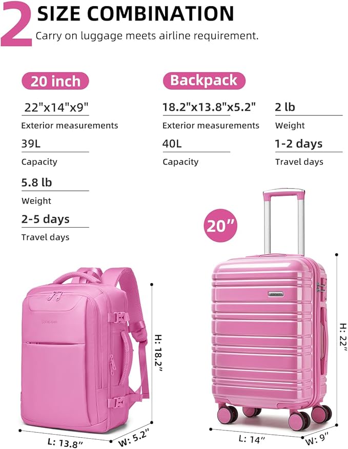 LARVENDER Carry on Luggage 22x14x9 Airline Approved Hardshell Suitcase with Wheels TSA Lock, PC+ABS Lightweight Suitcase Set for Women with Travel Backpack, Glossy Berry
