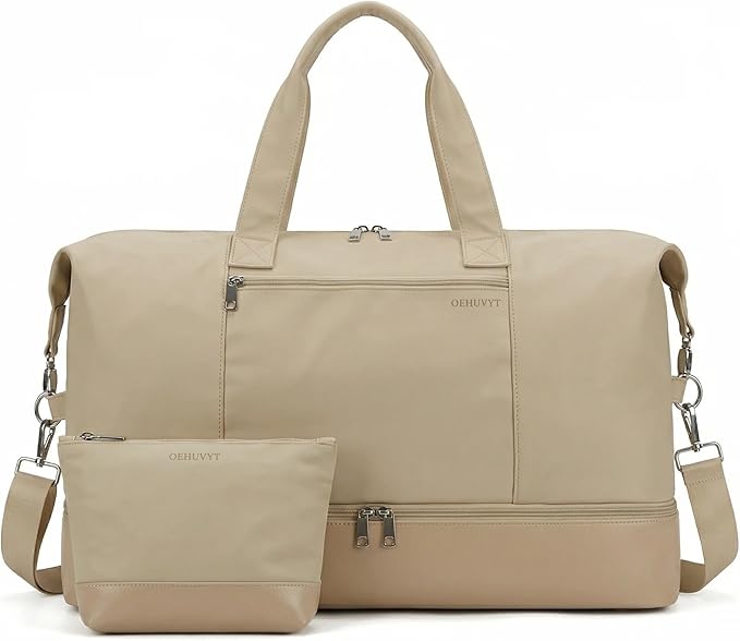 Oeihuivt Weekender Bags for Women - 21 Inch Large Travel Duffel Bag 2-Piece Set with Shoe Compartment, Heavy-Duty Canvas Leather Carry On Overnight Tote