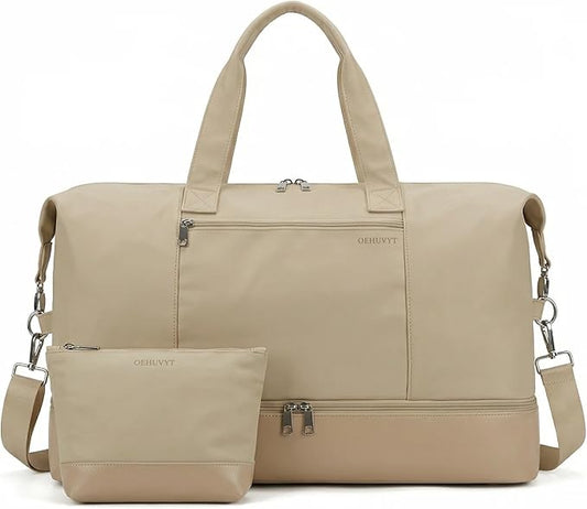 Oeihuivt Weekender Bags for Women - 21 Inch Large Travel Duffel Bag 2-Piece Set with Shoe Compartment, Heavy-Duty Canvas Leather Carry On Overnight Tote