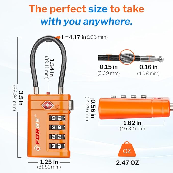 Forge TSA Approved Cable Luggage Locks with TSA008, 4-Digit Combination & Open Alert Indicator, Zinc Alloy Body, 2 Orange Travel Locks with 2 TSID Smart Lost & Found Tags for Luggage & Suitcase