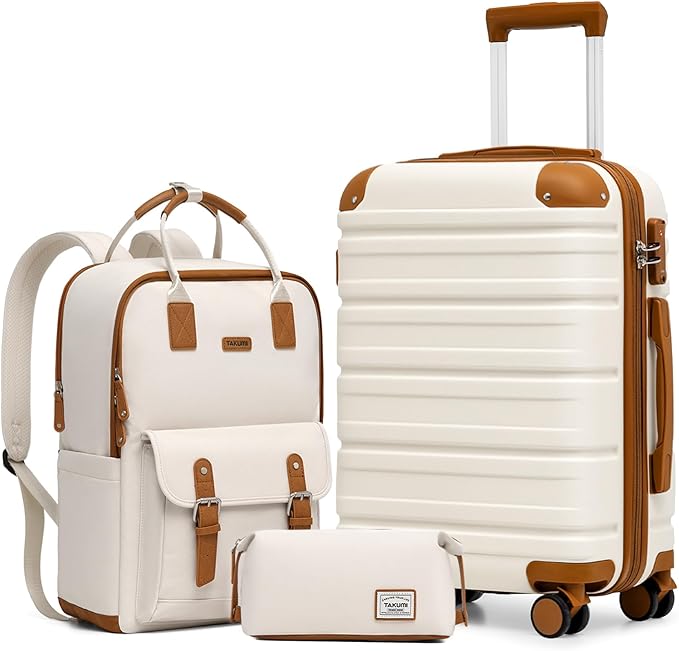 TAKUMI Luggage Sets 3 Piece, 20 Inch Carry On Luggage Set with Backpack, PC+ABS Hardshell Suitcases with Wheels, Lightweight Travel Luggage with TSA Lock for Women, Men (WHITE BROWN, 3 PIECE SET（BP）)