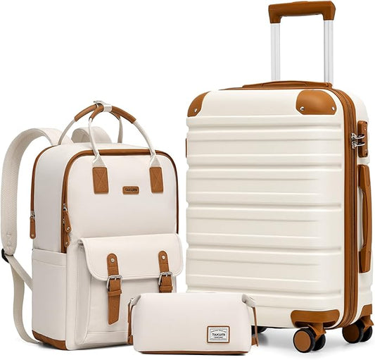 TAKUMI Luggage Sets 3 Piece, 20 Inch Carry On Luggage Set with Backpack, PC+ABS Hardshell Suitcases with Wheels, Lightweight Travel Luggage with TSA Lock for Women, Men (WHITE BROWN, 3 PIECE SET（BP）)