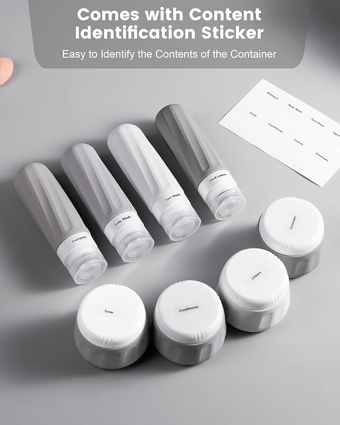 Travel Size Toiletries 8 Pack, TSA Approved 3oz Silicone Squeeze Bottles & Cream Jars with Clear Travel Bag