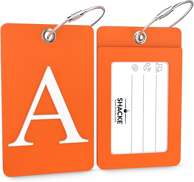Shacke Luggage Tag Initial – Fully Bendable Tag w/Stainless Steel Loop - Orange (Letter A)