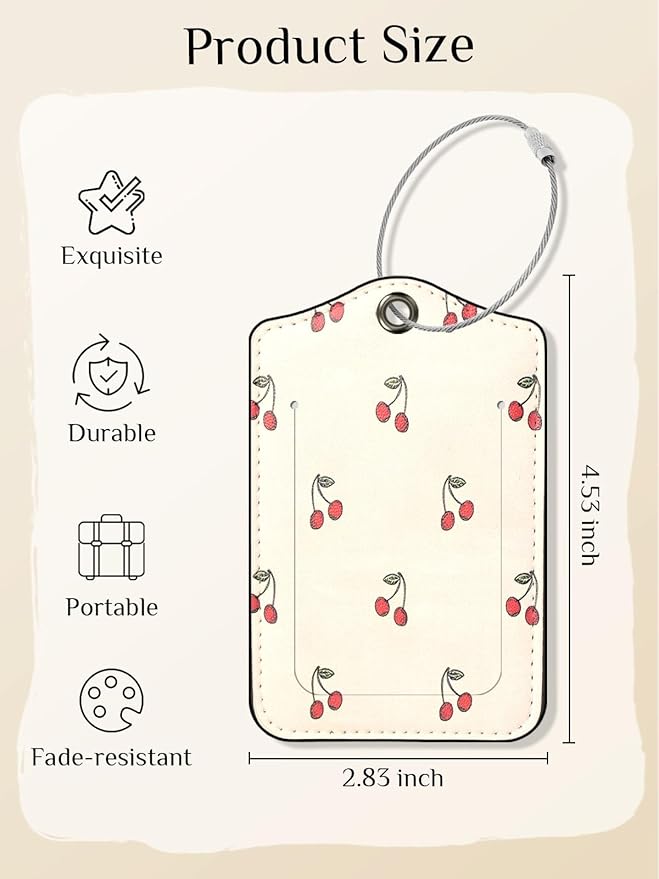 Seorsok 2Pcs Luggage Travel Tags for Suitcases,Cute Red Cherry PU Leather Name Tag with Privacy Cover&ID Label Address Card and Durable Metal Ring Suitable for Men Women Handbags Backpack,Beige