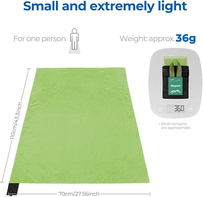 Pocket Picnic Blanket for 1 Person, 43.3x27.56″ (1.27oz) Super Light Compact Beach Blanket, SandProof Waterproof Portable Beach Picnic Mat for Outdoor Hiking Camping Travel Festival(Green)