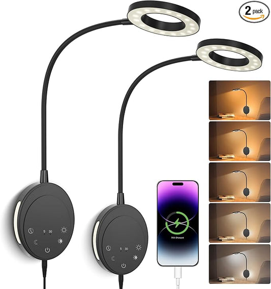 Wall Mounted Reading Light,Headboard Reading Lamp with 5 Color Temperature &5 Dimming,360°Flexible Gooseneck,USB Output, Night Light&Timer Function- Perfect for Reading in Bed Black 2 PCS