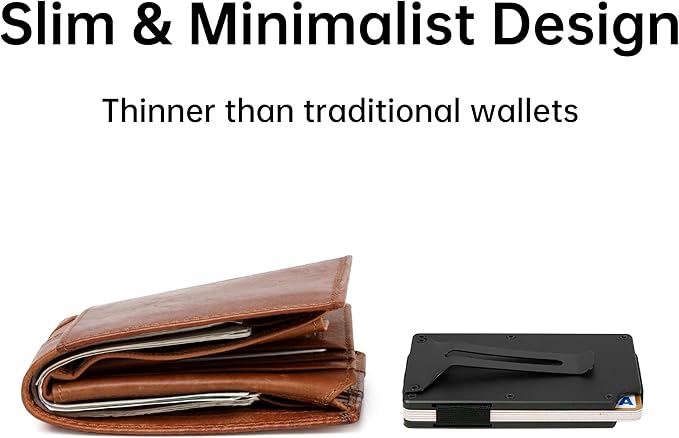 Minimalist Carbon Fiber Wallet for Men, Money Clip Cash Strap Wallet, RFID Blocking Metal Wallet Aluminum Card Holder,Front Pocket Wallet(Matt Black)