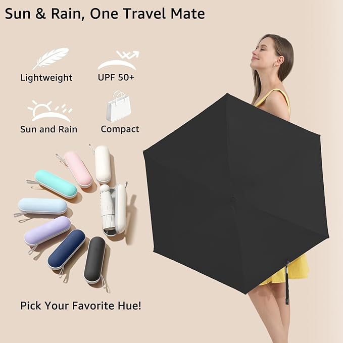 BAODINI Travel Essentials Mini Umbrella for Purse With Case Small Compact UV Sun Protection Lightweight Tiny Pocket Manual Open Close Umbrella for Women Kids and Men Fits Purse Backpack