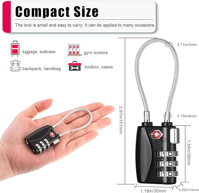 ZHEGE TSA Wire Lock 2 Pack Cable Luggage Lock with Alloy Body for Suitcase, Baggage, Backpack, Pistol Case (Black & Silver)